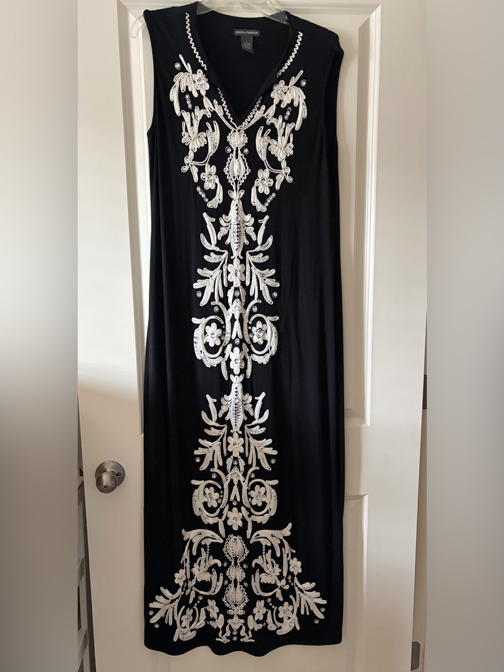 Chelsea & Theodore Black Maxi Dress with White Embroidered Detail & Beading